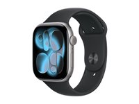 Apple Watch Series 11 (GPS) - 46 mm - rymdgrå aluminium - smart klocka med sportband - fluoroelastomer - svart - bandstorlek: M/L - 64 GB - Wi-Fi 4, UWB, Bluetooth - 37.8 g MEV44QN/A