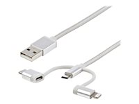 StarTech.com 1 m USB-multiladdningskabel - USB till Micro-USB eller USB-C eller Lightning för iPhone/ iPad/iPod/Android - Apple MFi-certifierad - 3 i 1 USB-laddare - Vävd - USB-kabel - USB (hane) till mikro-USB typ B, Lightning, 24 pin USB-C (hane) - 1 m - silver LTCUB1MGR